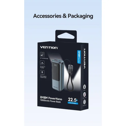 VENTION Mini 10000mAh Power Bank (USB-C + USB-A) with Built-in Lanyard 22.5W Gray LED Display Type (FKOH0) (VENFKOH0)