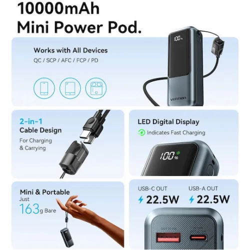 VENTION Mini 10000mAh Power Bank (USB-C + USB-A) with Built-in Lanyard 22.5W Gray LED Display Type (FKOH0) (VENFKOH0)