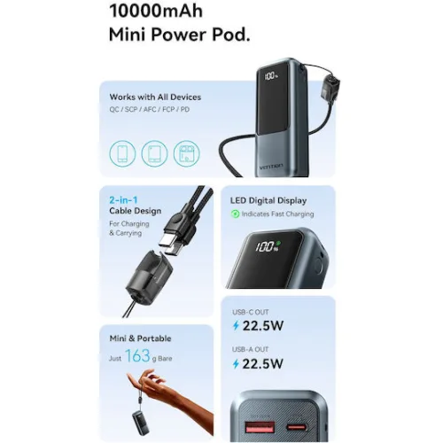 VENTION Mini 10000mAh Power Bank (USB-C + USB-A) with Built-in Lanyard 22.5W Gray LED Display Type (FKOH0) (VENFKOH0)