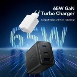 Vention Φορτιστής Χωρίς Καλώδιο GaN με Θύρα USB-A και 2 Θύρες USB-C 65W Power Delivery / Quick Charge 3.0 Μαύρος (FERB0-EU)