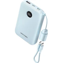 VENTION 10000mAh Power Bank (USB-C + USB-C/USB-C/USB-A) with Built-in USB-C to USB-C Cable 22.5W Blue LED Display Type (FKAL0-C) (VENFKAL0-C)