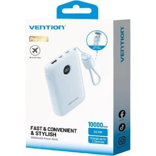 VENTION 10000mAh Power Bank (USB-C + USB-C/USB-C/USB-A) with Built-in USB-C to USB-C Cable 22.5W Blue LED Display Type (FKAL0-C) (VENFKAL0-C)