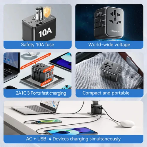VENTION 3-Port USB (C + A + A) Universal Travel Adapter (20W/18W/18W) Black (FJEB0) (VENFJEB0)