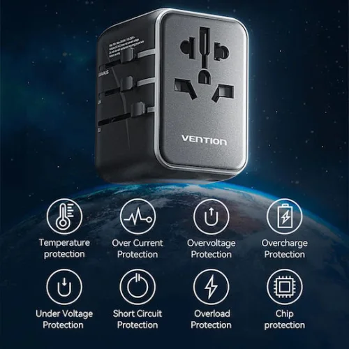 VENTION 3-Port USB (C + A + A) Universal Travel Adapter (20W/18W/18W) Black (FJEB0) (VENFJEB0)