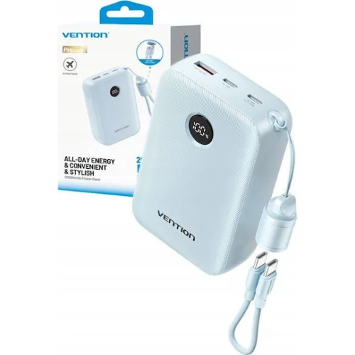 VENTION 20000mAh Power Bank (USB-C + USB-C/USB-C/USB-A) with Built-in USB-C to USB-C Cable 22.5W Blue LED Display Type (FKBL0-C) (VENFKBL0-C)