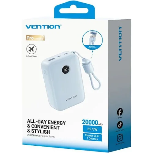 VENTION 20000mAh Power Bank (USB-C + USB-C/USB-C/USB-A) with Built-in USB-C to USB-C Cable 22.5W Blue LED Display Type (FKBL0-C) (VENFKBL0-C)