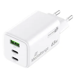 MediaRange Φορτιστής Χωρίς Καλώδιο GaN με Θύρα USB-A και 2 Θύρες USB-C 65W Power Delivery / Quick Charge 3.0 Λευκός (MRMA116-2)
