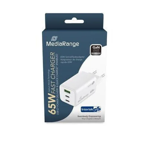 MediaRange Φορτιστής Χωρίς Καλώδιο GaN με Θύρα USB-A και 2 Θύρες USB-C 65W Power Delivery / Quick Charge 3.0 Λευκός (MRMA116-2)