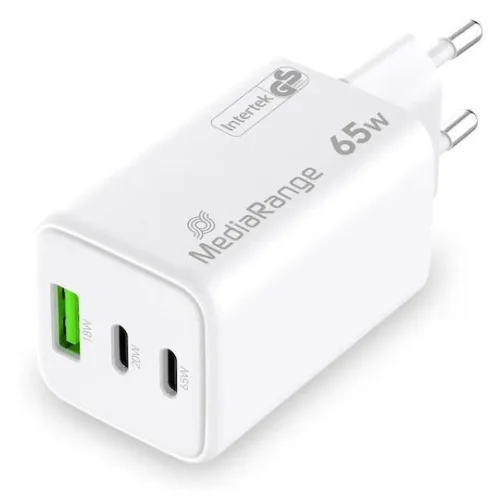 MediaRange Φορτιστής Χωρίς Καλώδιο GaN με Θύρα USB-A και 2 Θύρες USB-C 65W Power Delivery / Quick Charge 3.0 Λευκός (MRMA116-2)