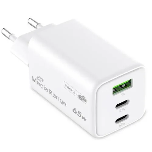 MediaRange Φορτιστής Χωρίς Καλώδιο GaN με Θύρα USB-A και 2 Θύρες USB-C 65W Power Delivery / Quick Charge 3.0 Λευκός (MRMA116-2)