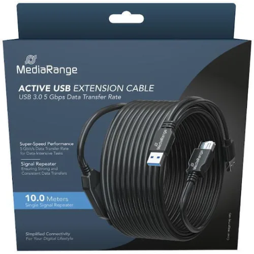 MediaRange Active USB Extension Cable, 2x USB-A Plug to 1x USB-A Socket, 1x Repeater, USB 3.0, 5 Gbps Data Transfer Rate, 10m, Black (MRCS243)