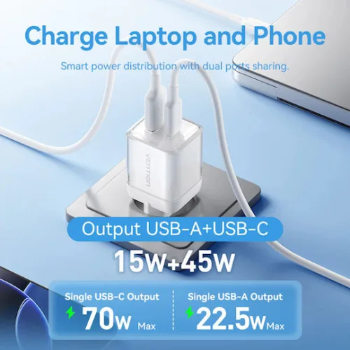 VENTION 2-Port USB (C + A) GaN Charger (70W/22.5W) with 5A USB-C to USB-C Cable (1M) EU-Plug Pink (TZ-FCGP0-EU) (VENTZ-FCGP0-EU)