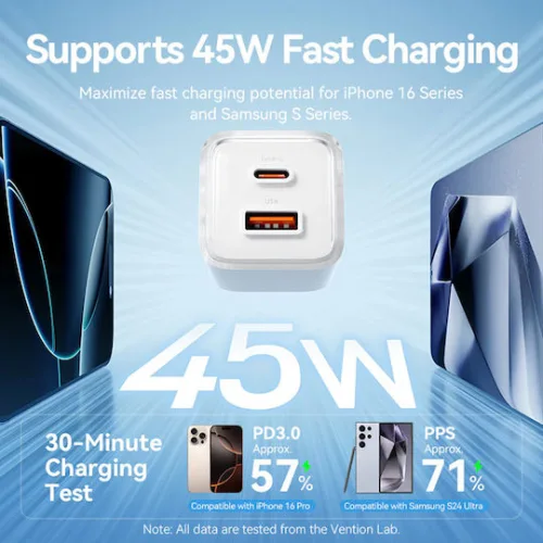 VENTION 2-Port USB (C + A) GaN Charger (70W/22.5W) with 5A USB-C to USB-C Cable (1M) EU-Plug Pink (TZ-FCGP0-EU) (VENTZ-FCGP0-EU)