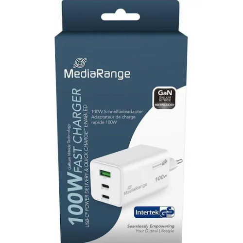 MediaRange Φορτιστής Χωρίς Καλώδιο GaN με Θύρα USB-A και 2 Θύρες USB-C 100W Power Delivery Λευκός (MRMA123)
