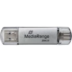 MediaRange USB 3.2 Gen 1 Combo Flash Memory Drive with USB-A and USB-C®, with Protective Caps, Silver, 256GB (MR939-1)