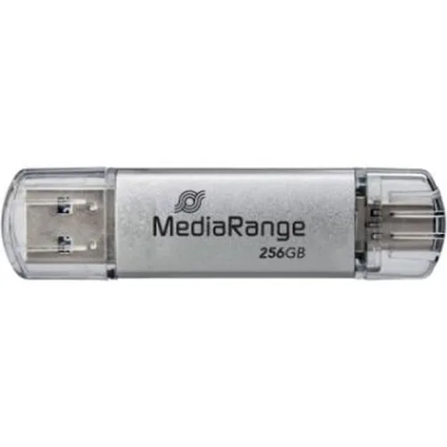 MediaRange USB 3.2 Gen 1 Combo Flash Memory Drive with USB-A and USB-C®, with Protective Caps, Silver, 256GB (MR939-1)
