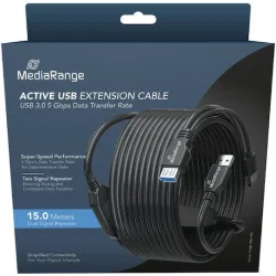 MediaRange Active USB Extension Cable, 2x USB-A Plug to 1x USB-A Socket, 2x Repeater, USB 3.0, 5 Gbps Data Transfer Rate, 15m, Black (MRCS244)
