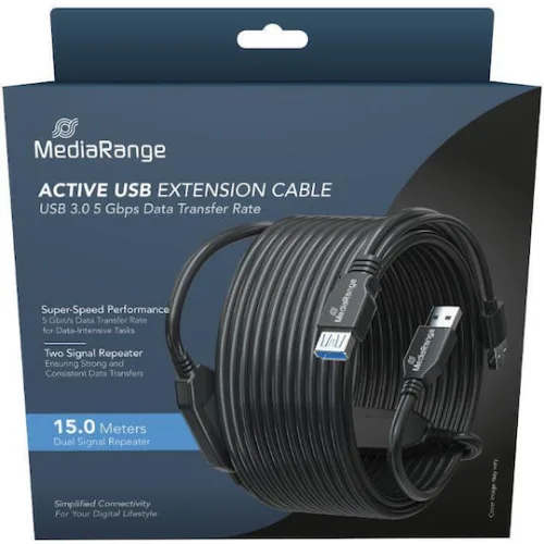 MediaRange Active USB Extension Cable, 2x USB-A Plug to 1x USB-A Socket, 2x Repeater, USB 3.0, 5 Gbps Data Transfer Rate, 15m, Black (MRCS244)