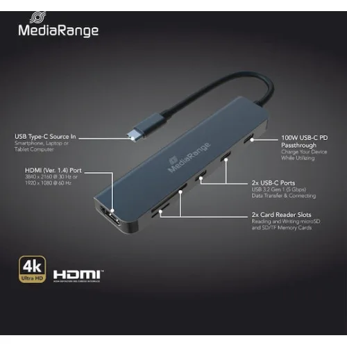 MediaRange USB Type-C® 6-in-1 multiport adapter, silver (MRCS519)