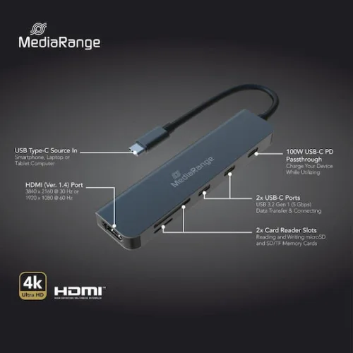 MediaRange USB Type-C® 6-in-1 multiport adapter, silver (MRCS519)