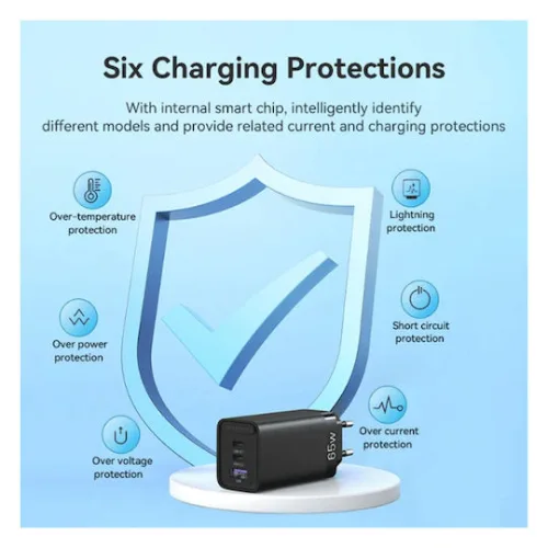VENTION 3-Port USB (C+C+A) GaN Charger (65W/30W/30W) EU-Plug Black (FEDB0-EU) (VENFEDB0-EU)