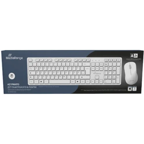 MediaRange Wireless Keyboard and Mouse Set, QWERTY (GR), Function Keys, 3-Button Mouse,1.200 dpi, Symmetrical, Dongle, White (MROS278-GR)