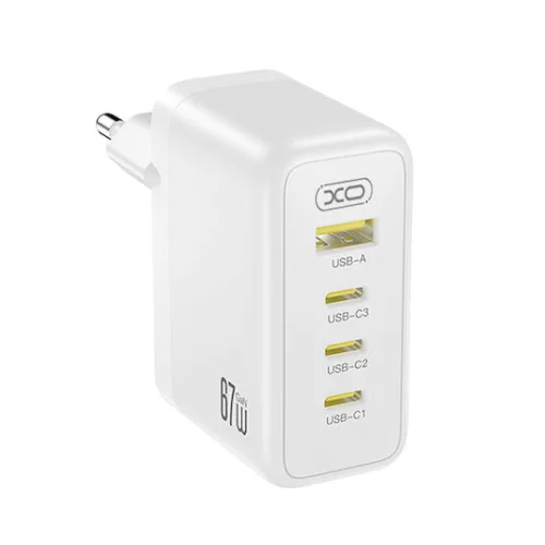 XO Φορτιστής Χωρίς Καλώδιο GaN με Θύρα USB-A και 3 Θύρες USB-C 67W Quick Charge 3.0 Λευκός (CE39)