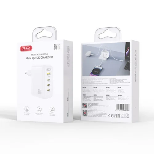 XO Φορτιστής Χωρίς Καλώδιο GaN με Θύρα USB-A και 3 Θύρες USB-C 67W Quick Charge 3.0 Λευκός (CE39)