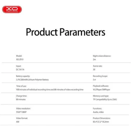 XO Κρυφή Κάμερα ZF01 1080p με Ενσωματωμένη Μνήμη 32GB