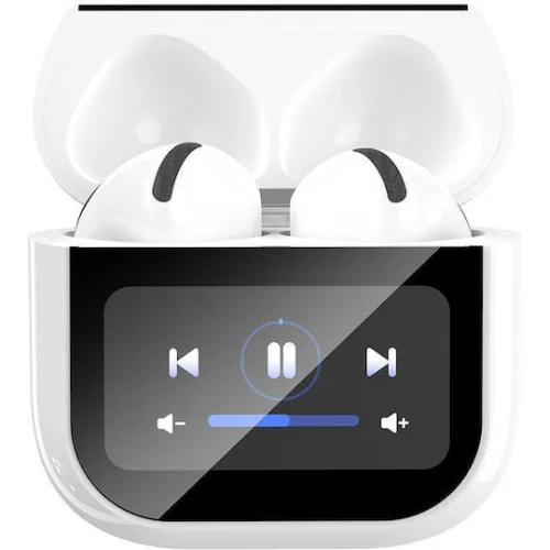 Bluetooth ακουστικά handsfree με θήκη φόρτισης και οθόνη, σε λευκό χρώμα