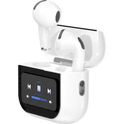 Bluetooth ακουστικά handsfree με θήκη φόρτισης και οθόνη, σε λευκό χρώμα
