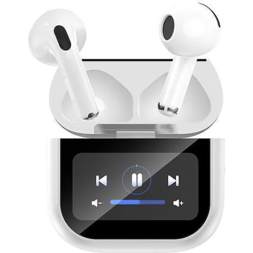 Bluetooth ακουστικά handsfree με θήκη φόρτισης και οθόνη, σε λευκό χρώμα