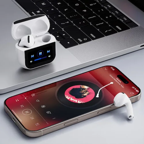 Bluetooth ακουστικά handsfree με θήκη φόρτισης και οθόνη, σε λευκό χρώμα