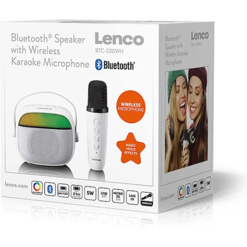 Lenco Ηχείο Karaoke με Ασύρματο Μικρόφωνο και Εφέ Φωτισμού BTC-020 BTC-020WH Λευκό