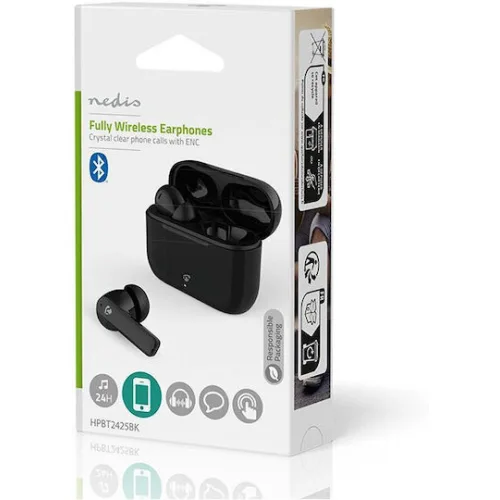 Bluetooth ακουστικά handsfree με θήκη φόρτισης και λειτουργία environmental noise cancelling (ENC), σε μαύρο χρώμα.