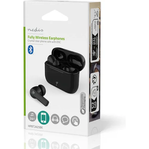 Bluetooth ακουστικά handsfree με θήκη φόρτισης και λειτουργία environmental noise cancelling (ENC), σε μαύρο χρώμα.