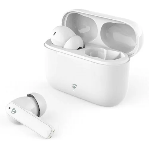 Bluetooth ακουστικά handsfree με θήκη φόρτισης και λειτουργία environmental noise cancelling (ENC), σε λευκό χρώμα.