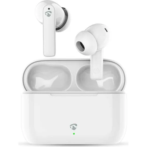 Bluetooth ακουστικά handsfree με θήκη φόρτισης και λειτουργία environmental noise cancelling (ENC), σε λευκό χρώμα.