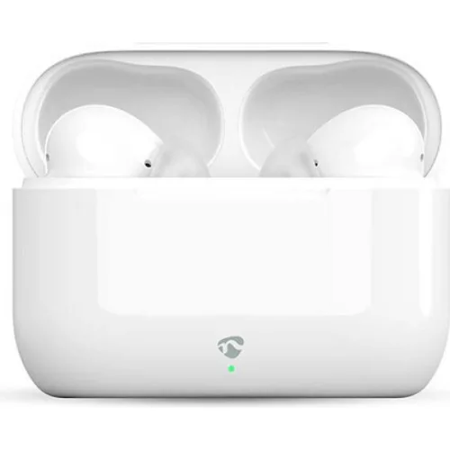 Bluetooth ακουστικά handsfree με θήκη φόρτισης και λειτουργία environmental noise cancelling (ENC), σε λευκό χρώμα.