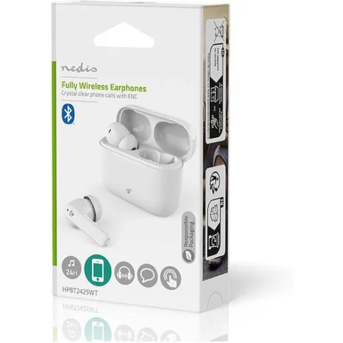 Bluetooth ακουστικά handsfree με θήκη φόρτισης και λειτουργία environmental noise cancelling (ENC), σε λευκό χρώμα.