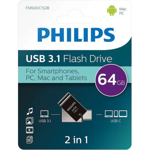 Philips 2-in-1 64GB USB 3.1 Stick με σύνδεση USB-C Μαύρο (PHUSB64G2IN1OTGGU3C) (PHIPHUSB64G2IN1OTGGU3C)