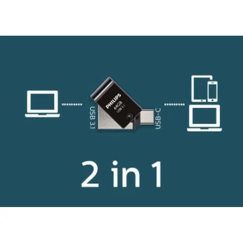 Philips 2-in-1 64GB USB 3.1 Stick με σύνδεση USB-C Μαύρο (PHUSB64G2IN1OTGGU3C) (PHIPHUSB64G2IN1OTGGU3C)