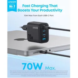 Anker Φορτιστής Χωρίς Καλώδιο με Θύρα USB-A και 3 Θύρες USB-C 70W Power Delivery Μαύρος (Zolo)