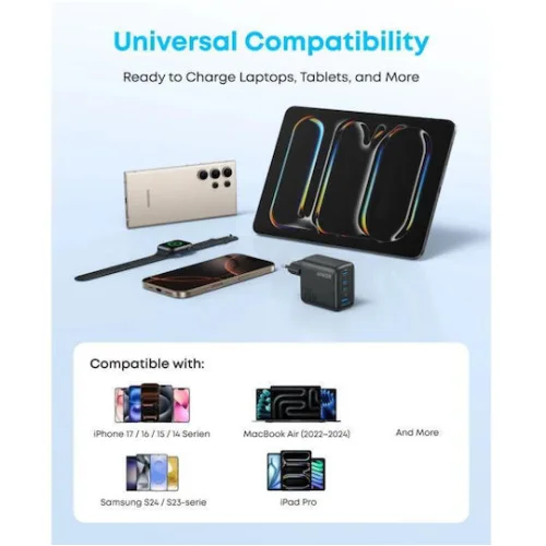 Anker Φορτιστής Χωρίς Καλώδιο με Θύρα USB-A και 3 Θύρες USB-C 70W Power Delivery Μαύρος (Zolo)