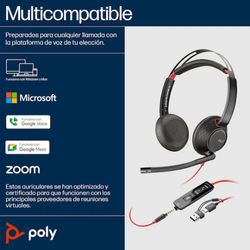 Poly Blackwire 5220 Stereo USB-C Headset +3.5mm Plug +USB-C/A Adapter - 93S88AA