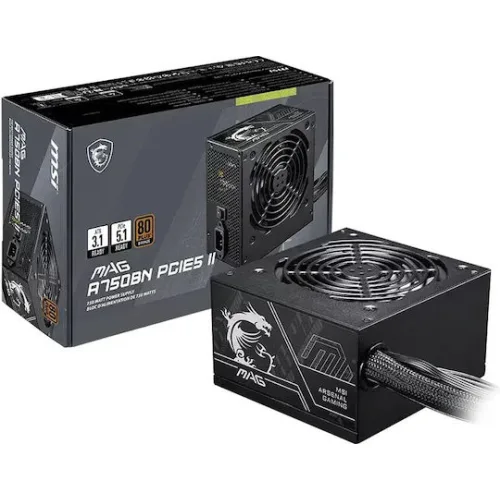 MSI PSU 750W MAG A750BN PCIE5 II, 80+ BRONZE CERTIFIED, HYDRUALIC BEARING 120MM QUIET & COOL FAN, 5YW.