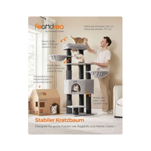 Feandrea Cat Tower, Height 160 cm, for large Cats, Gray-Black (PCT003W01) (FEAPCT003W01)
