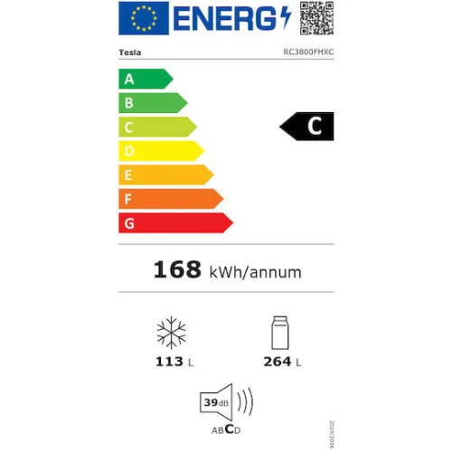 Tesla Ψυγειοκαταψύκτης 377lt Total NoFrost Υ200.5xΠ59.5xΒ67.5εκ. Inox RC3800FHXC
