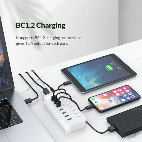ORICO USB hub CT2U3-7AB με διακόπτες, 7x θυρών, USB 3.0, 5Gbps, USB σύνδεση, μαύρο