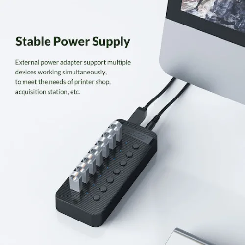 ORICO USB hub CT2U3-7AB με διακόπτες, 7x θυρών, USB 3.0, 5Gbps, USB σύνδεση, μαύρο